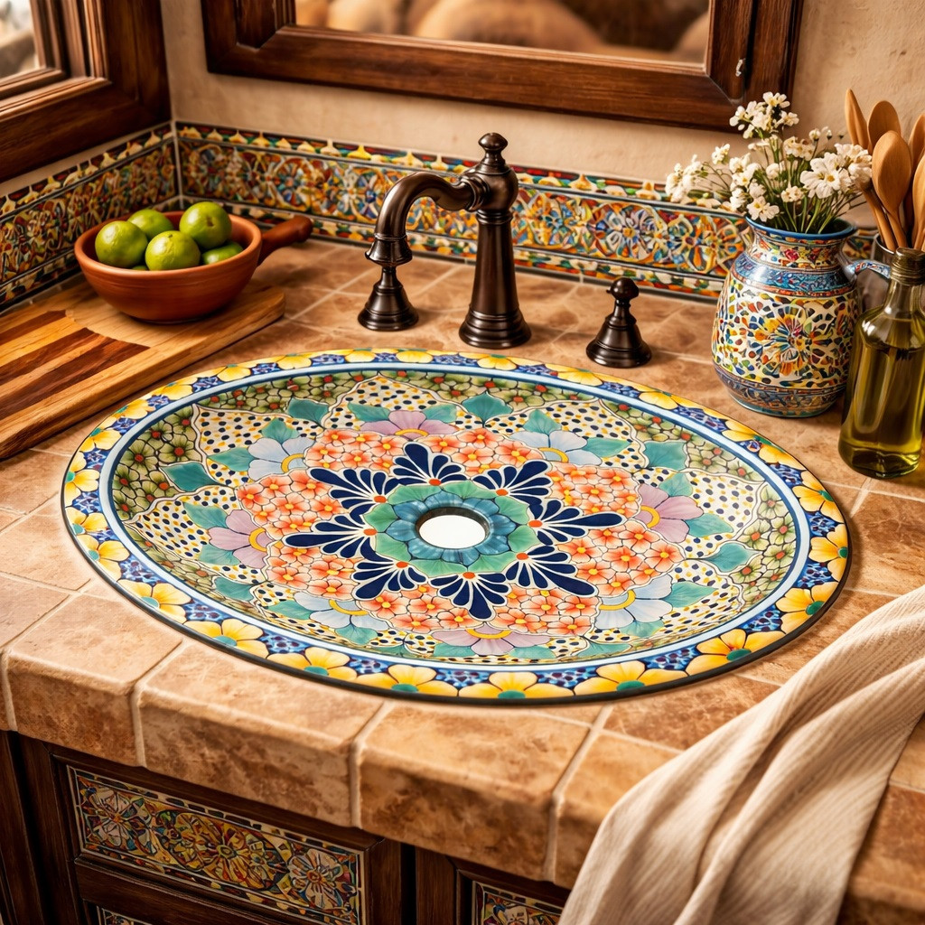 Oval talavera rosette floral mexican bathroom sink installed in hacienda style kitchen with wood beam ceiling