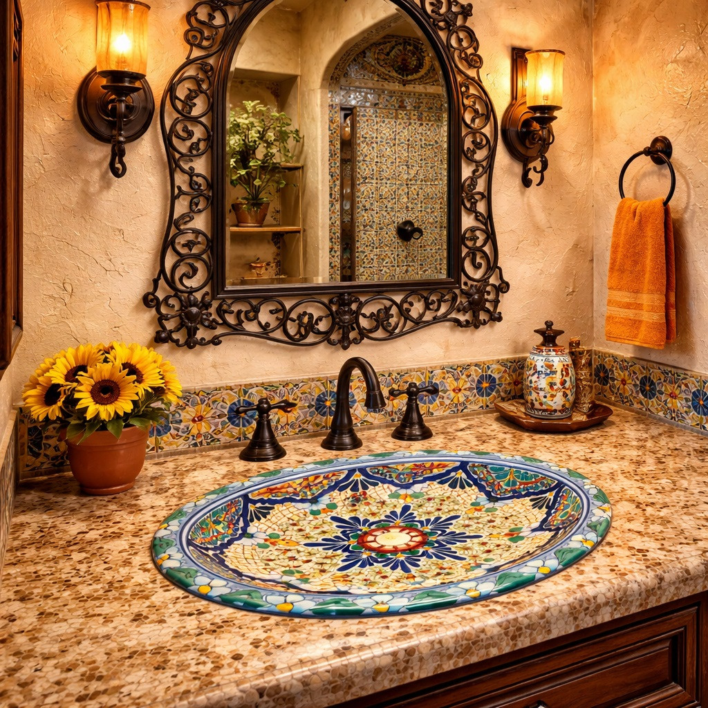 Oval mexican talavera floral starburst bathroom sink in a Spanish Revival bathroom with wrought iron mirror and tile accents