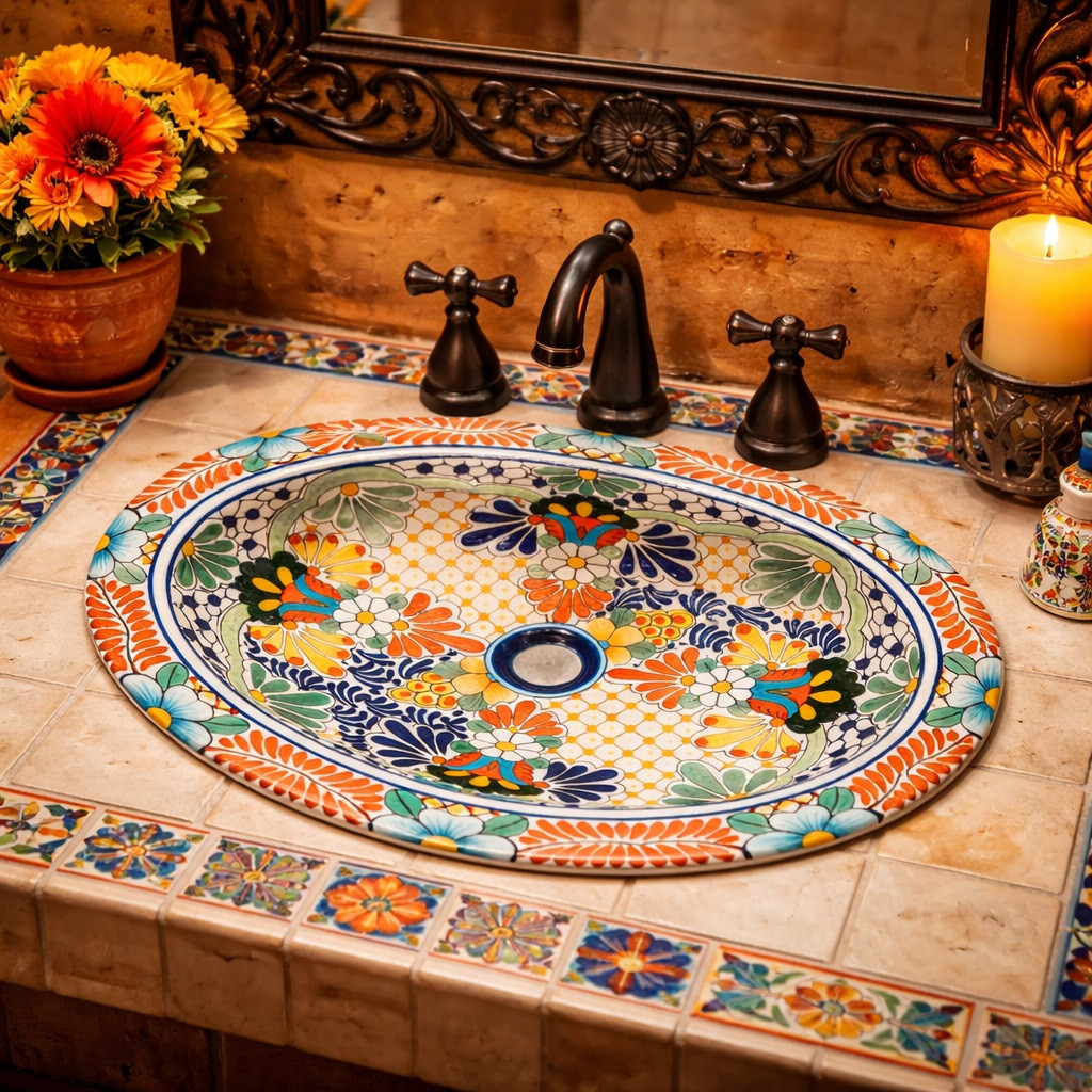Oval talavera bathroom sink geometric floral design featured in a Mexican restaurant restroom interior