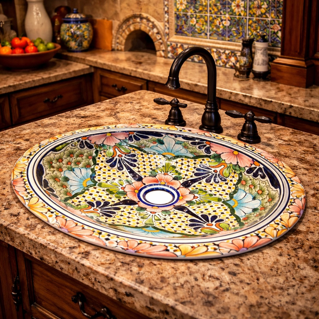 Oval mexican bathroom sink pastel floral design installed in a hacienda kitchen with rustic wood cabinetry and stone countertop