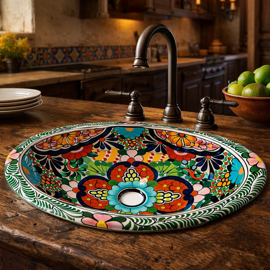 Oval mexican bathroom sink vibrant floral garden installed in hacienda kitchen with rustic wood cabinetry