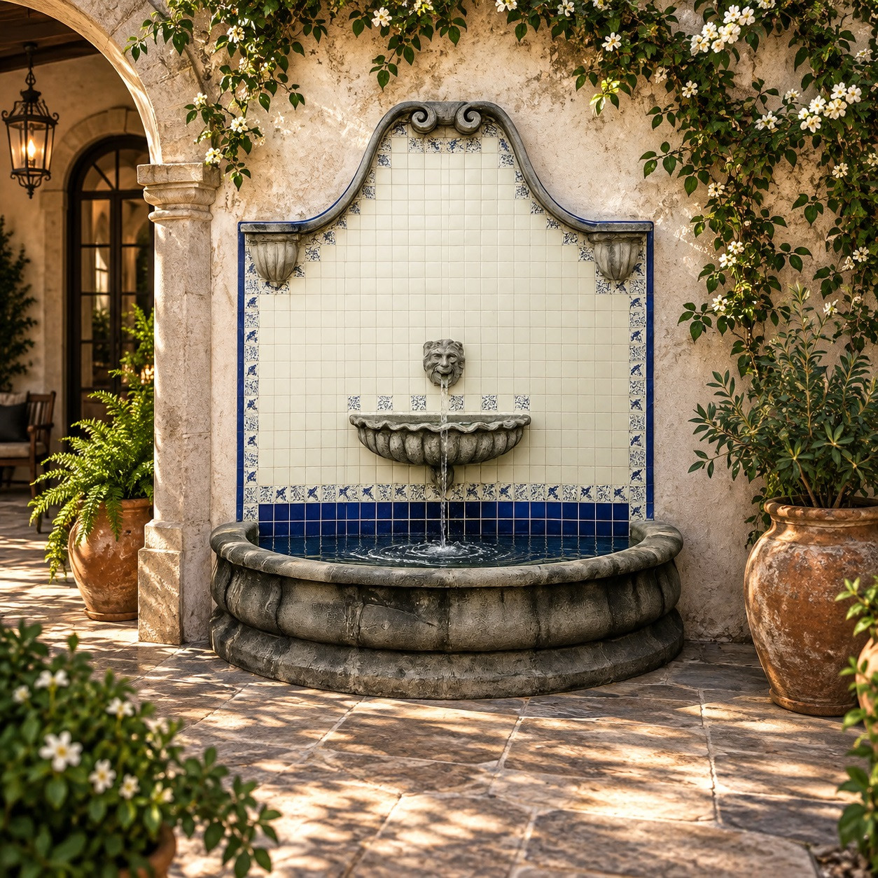 Arched stone wall fountain with talavera tiles on an old-world patio with garden accents.