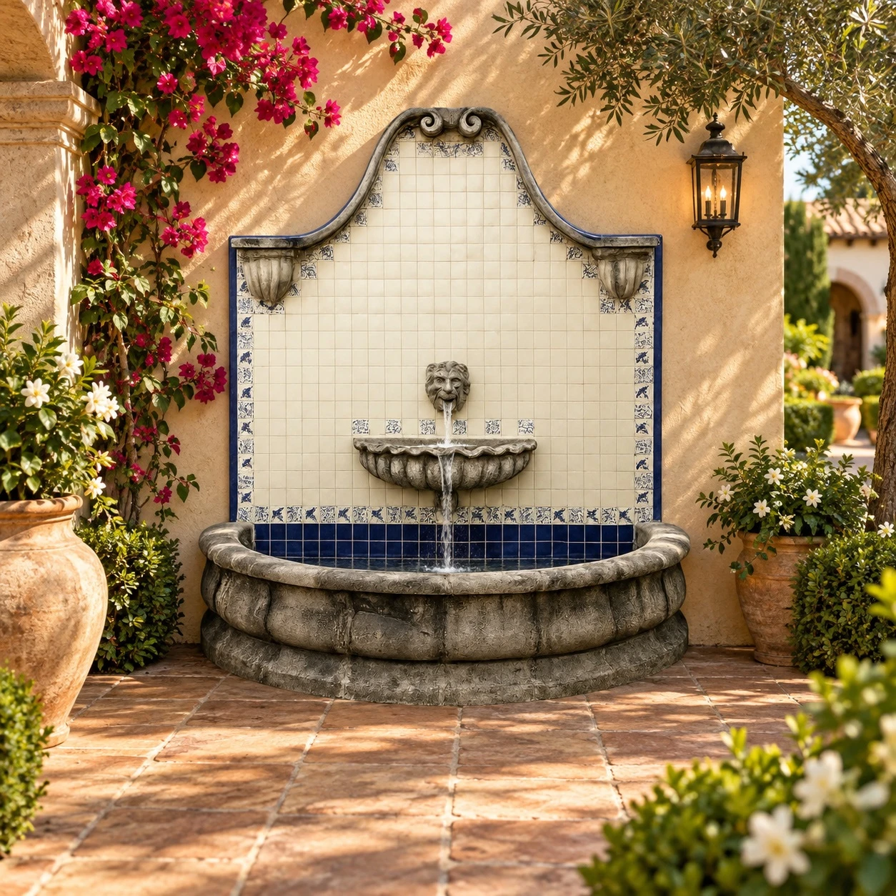 Arched stone wall fountain with talavera tiles in a hacienda garden with clay planters.