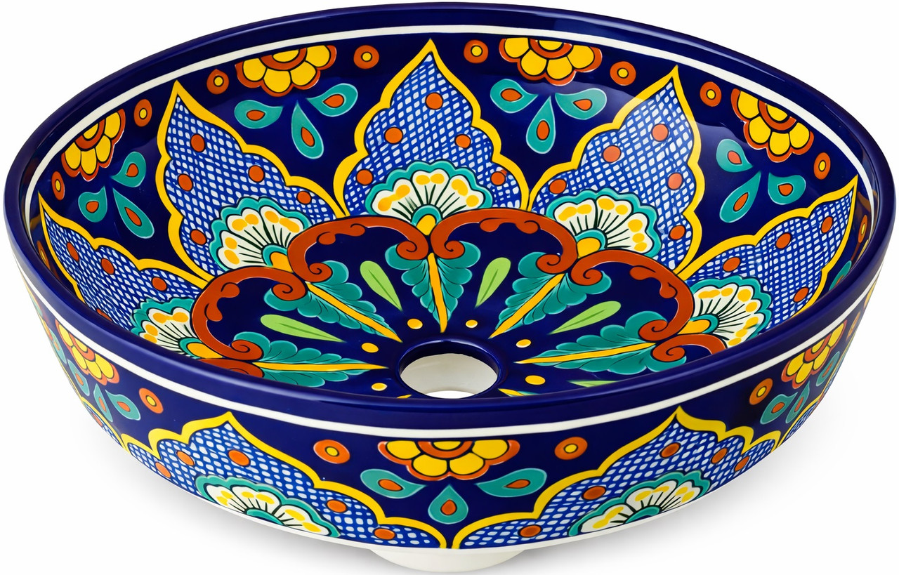 Talavera above counter sink floral rosette design style side view