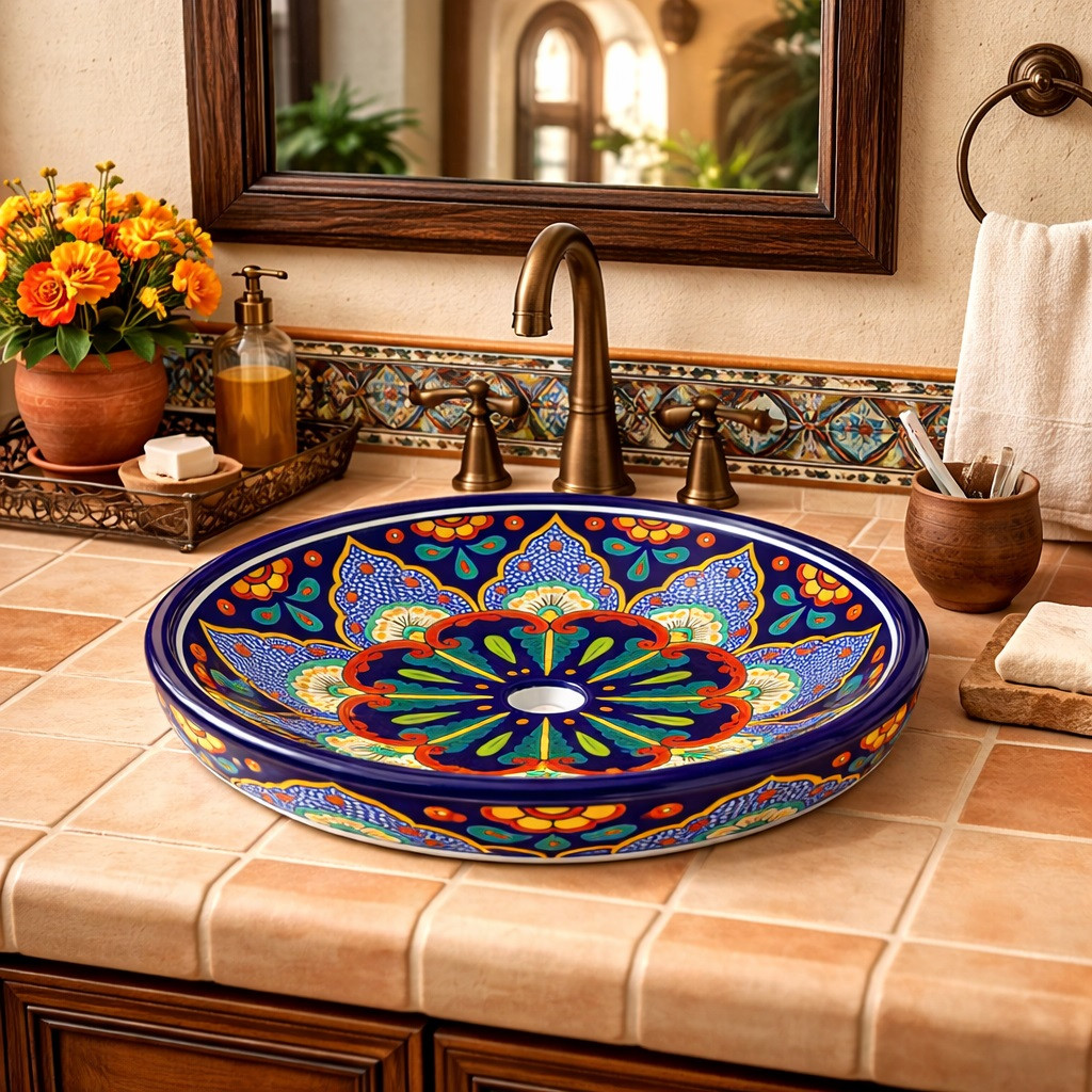 Talavera above counter sink floral rosette design style in Spanish Revival house with arches and rustic materials