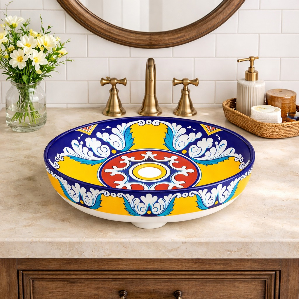Talavera above counter sink floral medallion design style in bathroom vanity with clean tiles and bright space