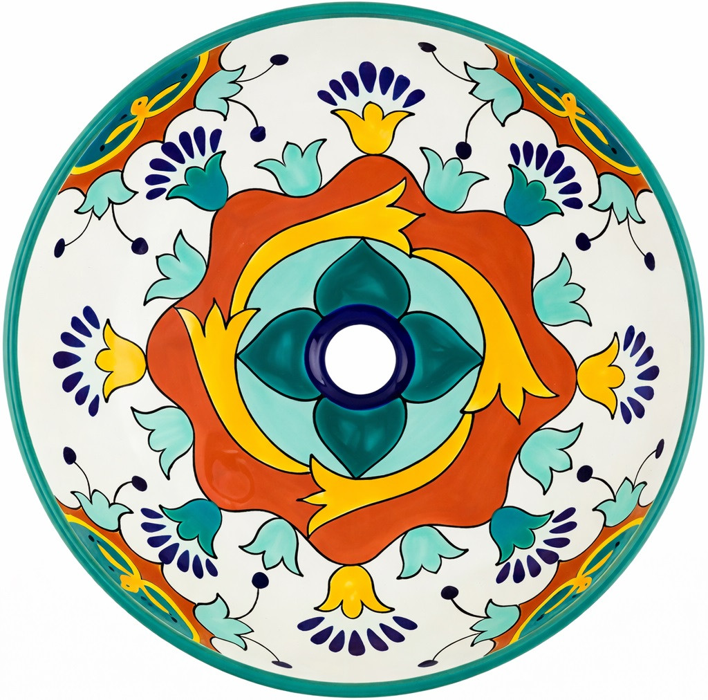 Mexican above counter turquoise floral bathroom sink design main image
