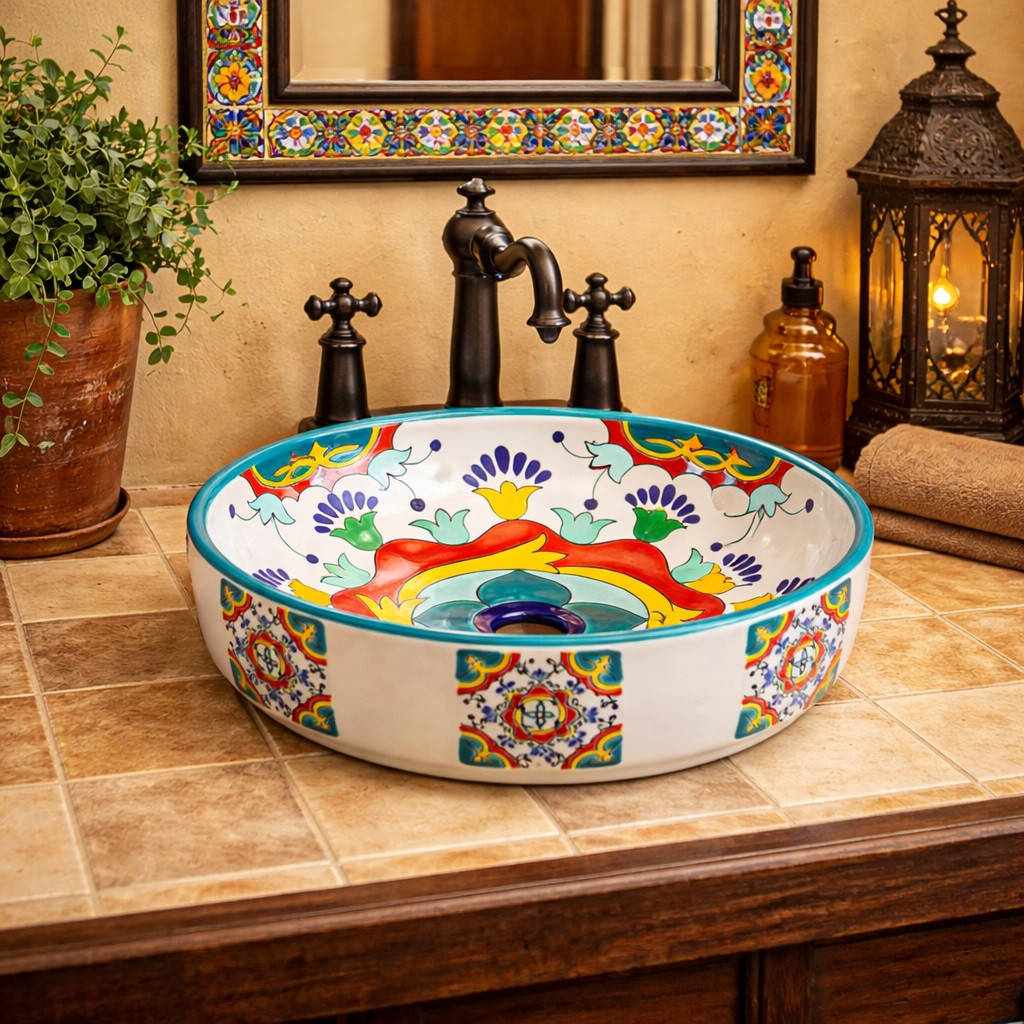 Mexican above counter turquoise floral bathroom sink design in restaurant restroom with warm decor and artisan details