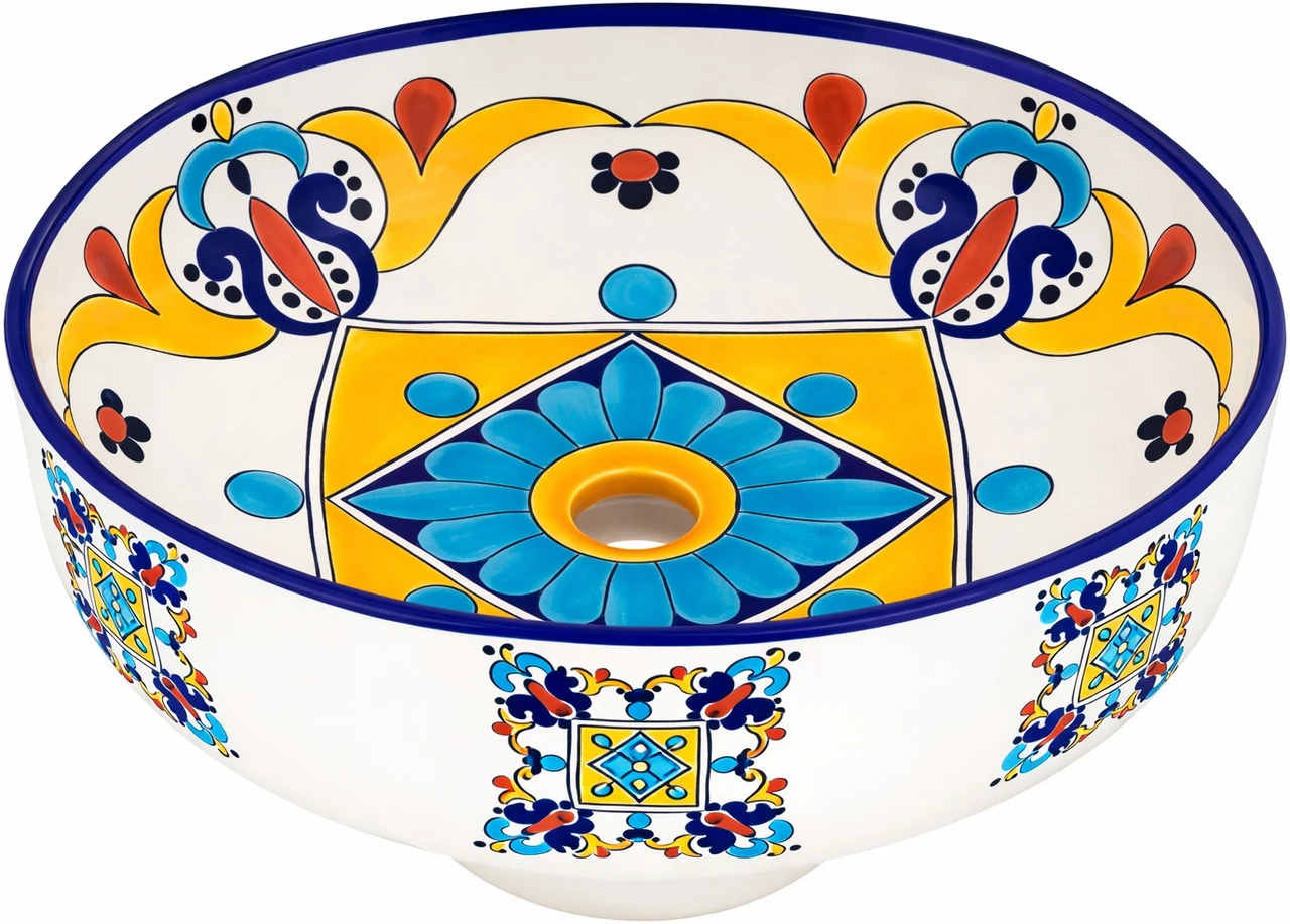 Talavera above counter bathroom sink floral geometric design side view
