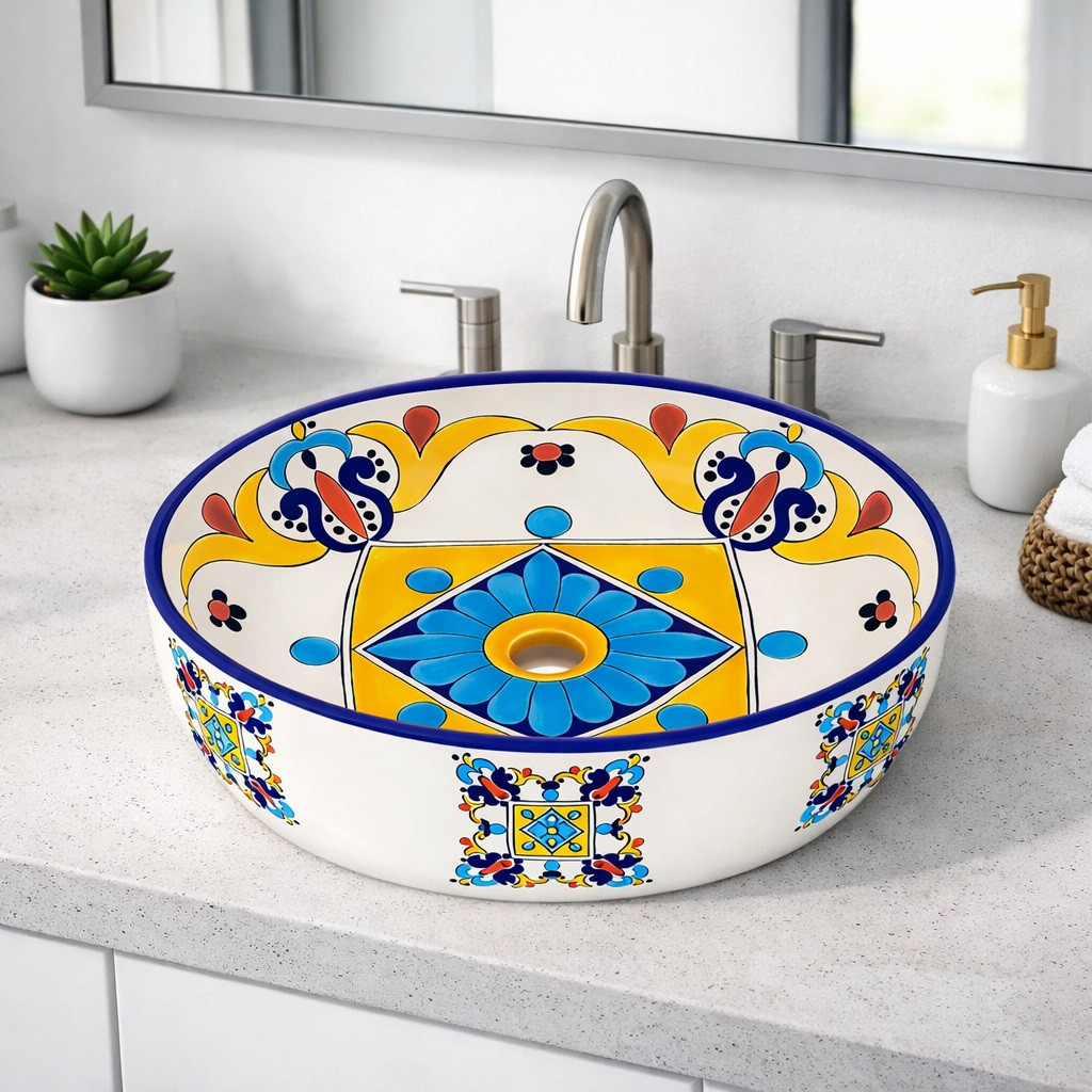 Talavera above counter bathroom sink floral geometric design in modern bathroom with minimal decor and bright space