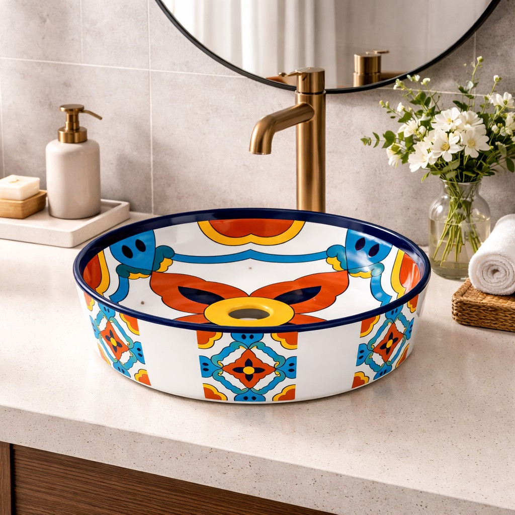 Talavera above counter Mexican bathroom sink red flower in modern bathroom with neutral tones and minimal style