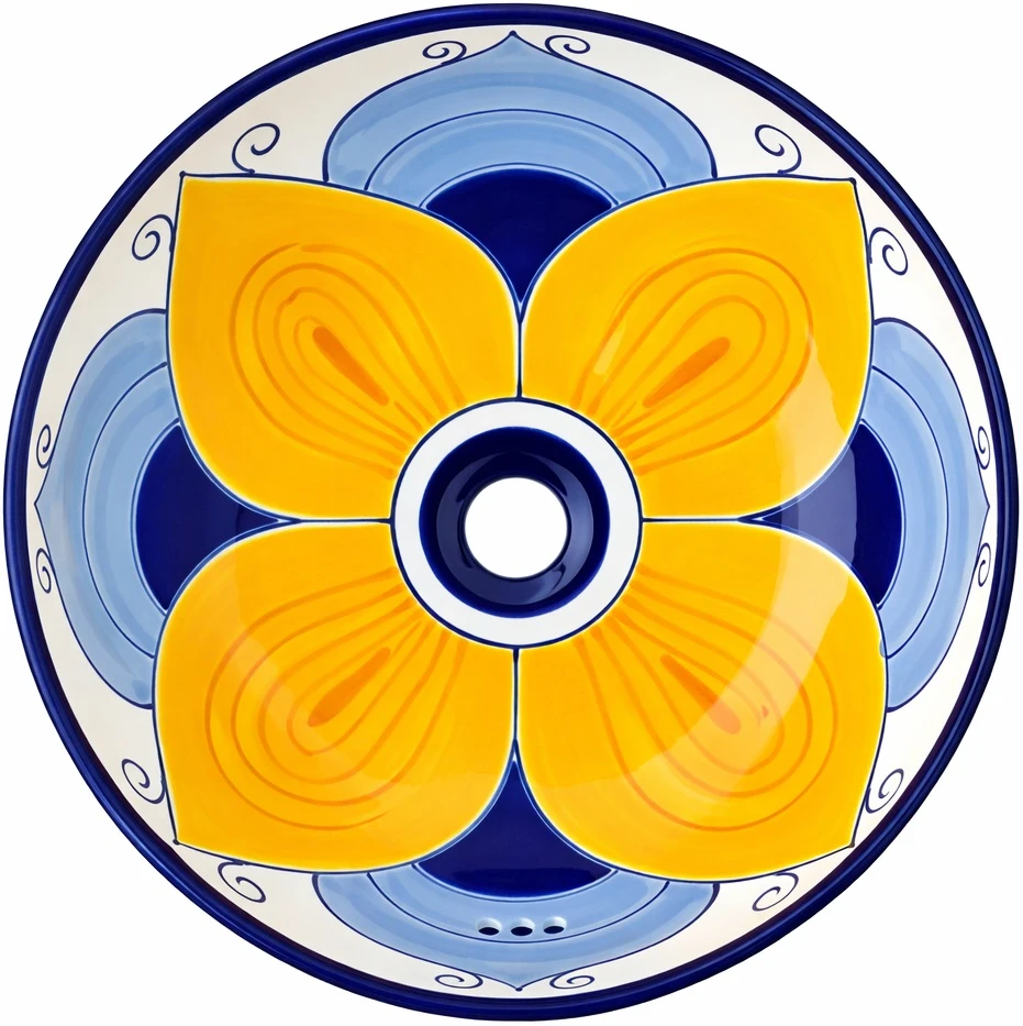 Talavera above counter Mexican bathroom sink yellow flower main image