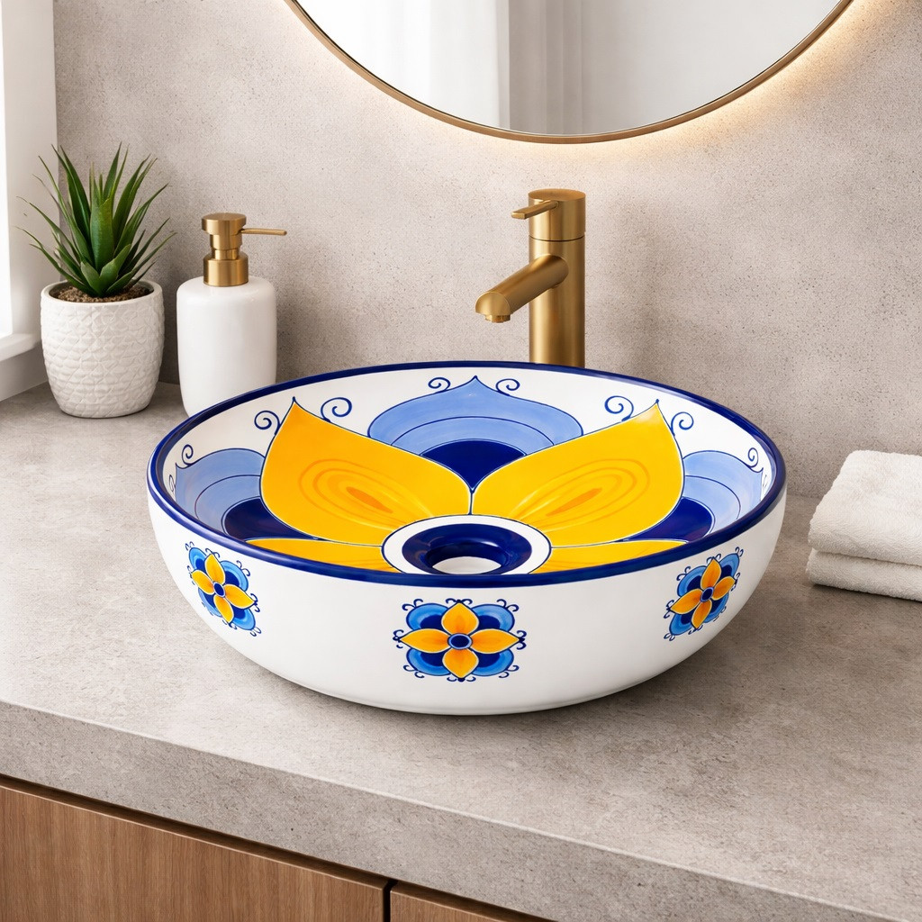 Talavera above counter Mexican bathroom sink yellow flower in modern bathroom with minimal decor and neutral palette