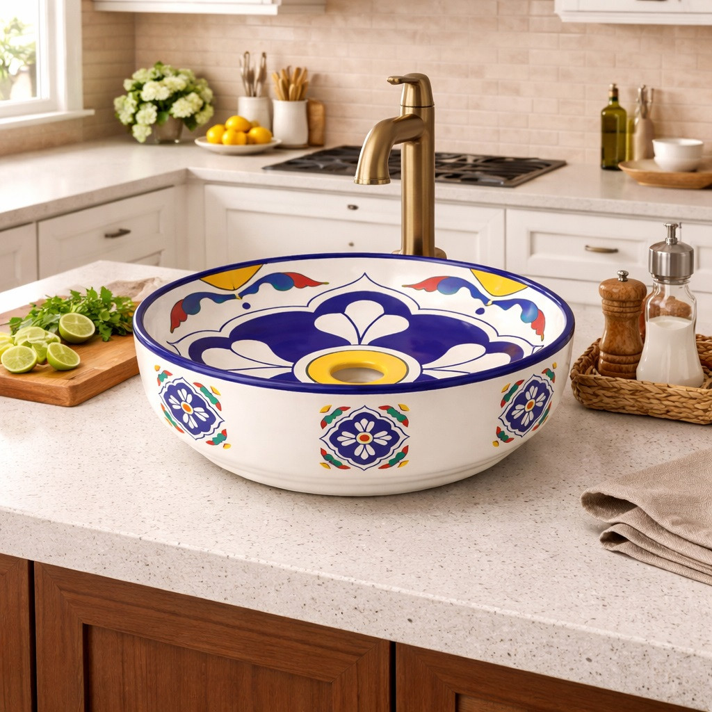 Talavera above counter Mexican bathroom sink quatrefoil design in kitchen island with light stone countertop and clean cabinetry