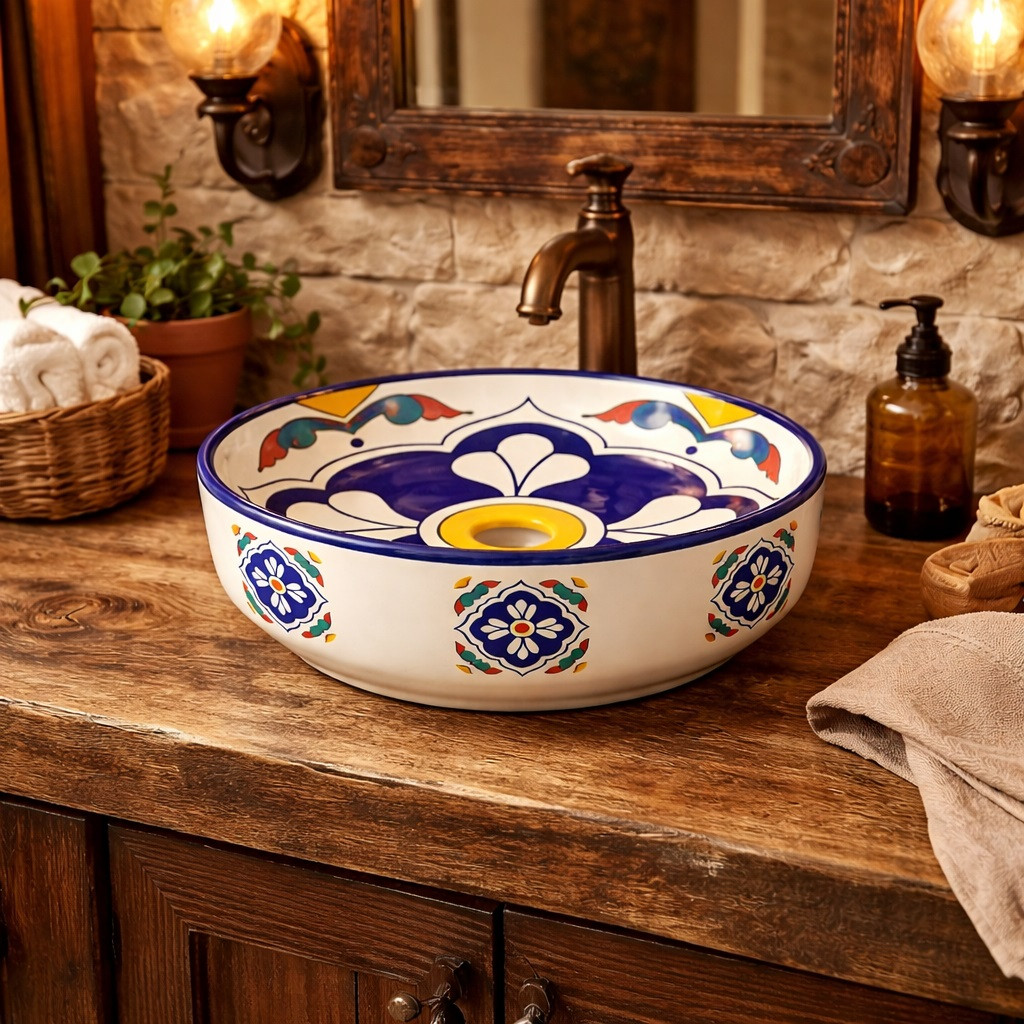 Talavera above counter Mexican bathroom sink quatrefoil design in rustic bathroom with natural textures and warm tones