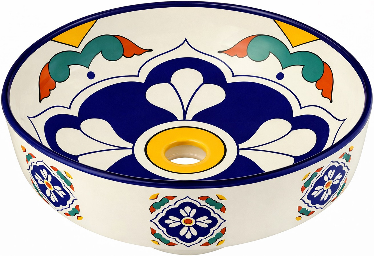 Talavera above counter Mexican bathroom sink quatrefoil design side view