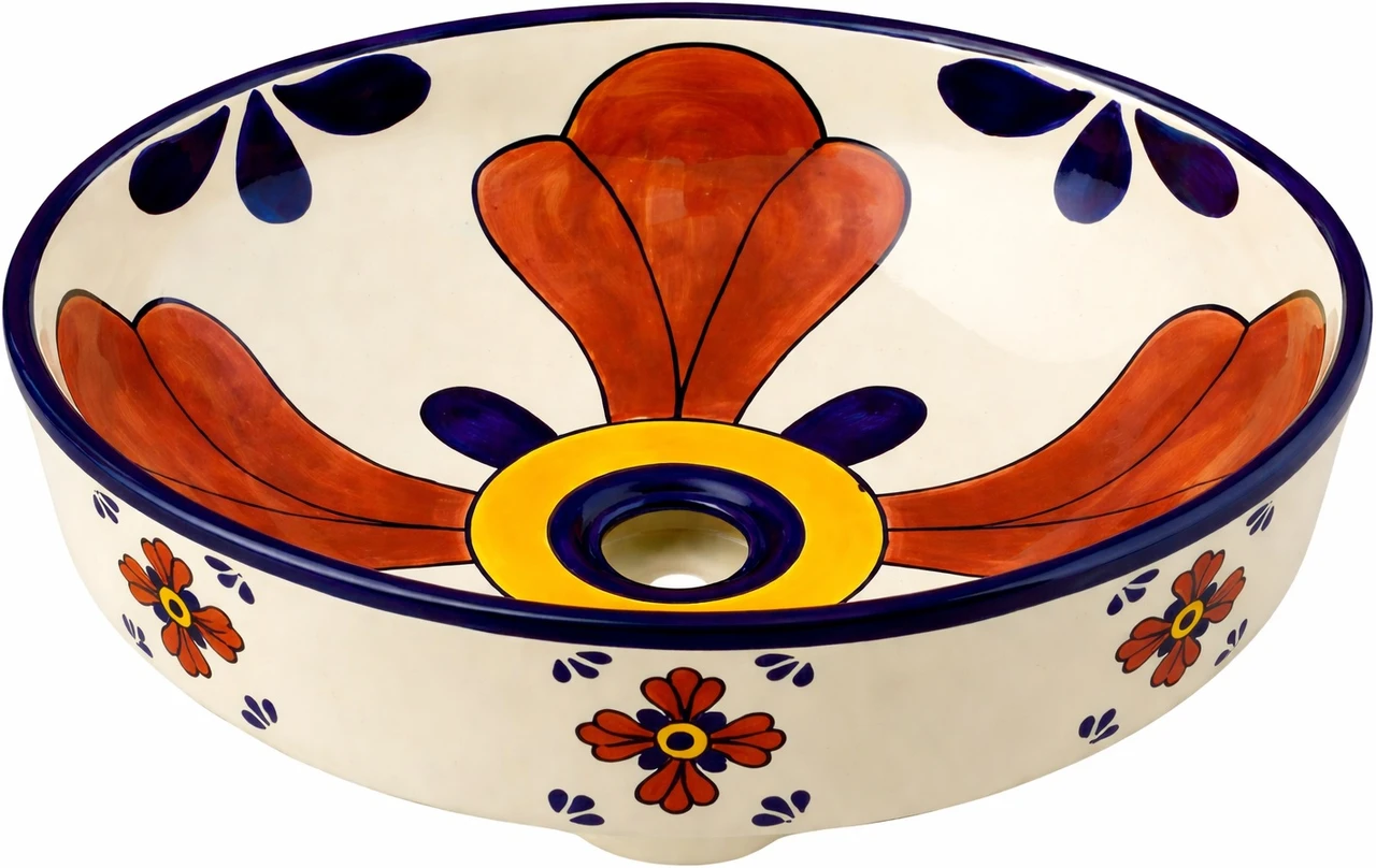 Talavera above counter cross design bathroom sink side view