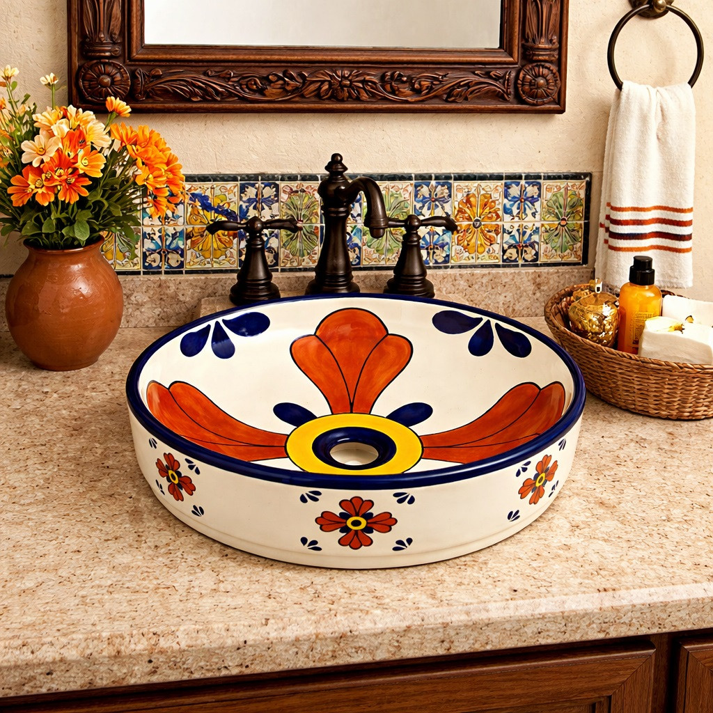 Talavera above counter cross design bathroom sink placed in a house bathroom with traditional hacienda inspired décor