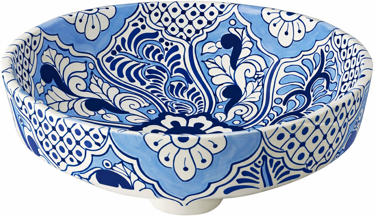 Talavera blue floral above counter bathroom sink side view
