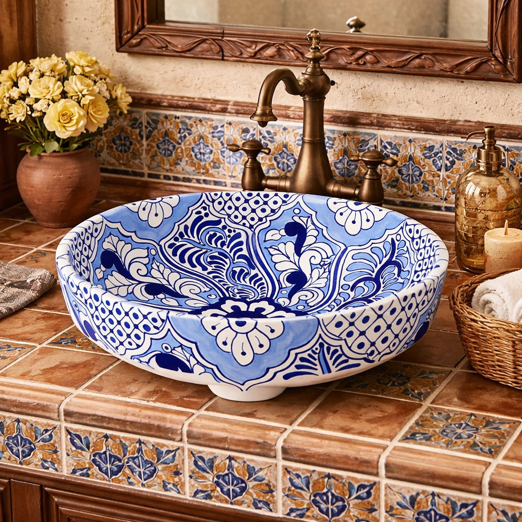Talavera blue floral above counter bathroom sink in Spanish bathroom with tile and stucco walls