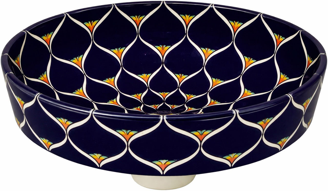 Talavera radial navy floral above counter bathroom sink side view
