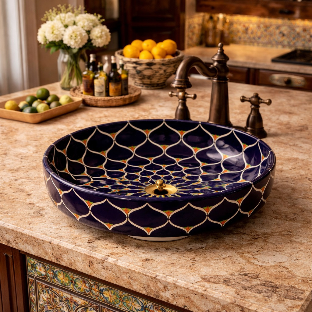 Talavera radial navy floral above counter bathroom sink installed on a kitchen island adding bold artisan character and vibrant contrast