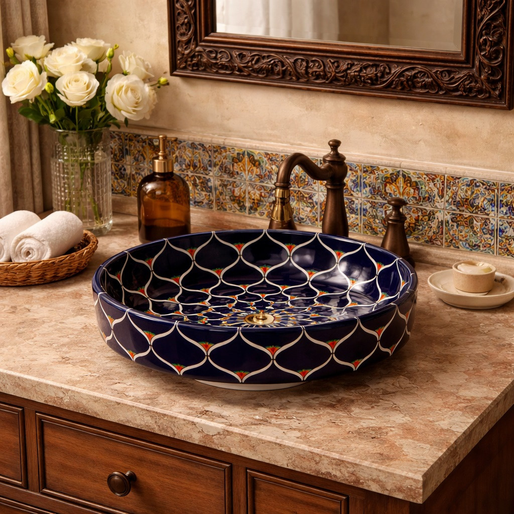 Talavera radial navy floral above counter Bbathroom sink in a Spanish style bathroom vanity with warm tones and handcrafted tile accents