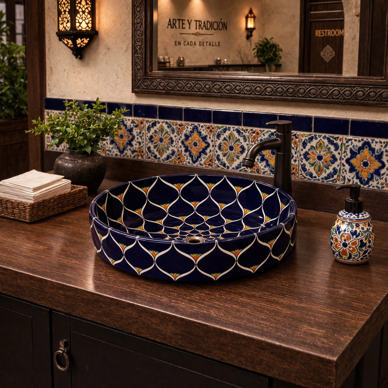 Talavera radial navy floral above counter bathroom sink featured in a restaurant restroom with rustic finishes and decorative lighting