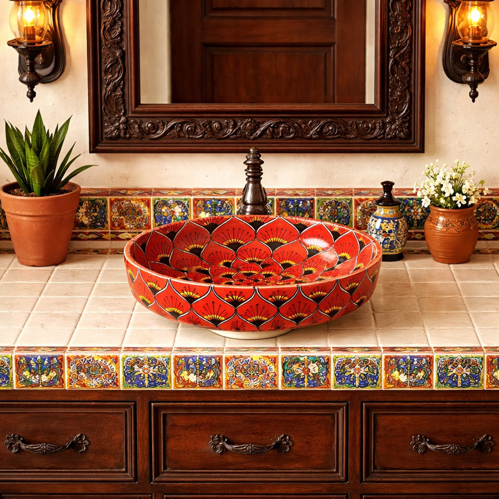 Talavera above counter Mexican bathroom sink mandala design on Spanish vanity with iron accents and plaster walls