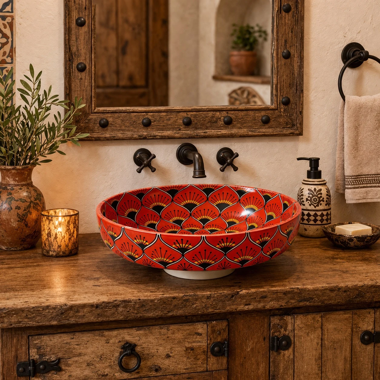 Talavera above counter Mexican bathroom sink mandala design in rustic bathroom with natural textures and warm materials