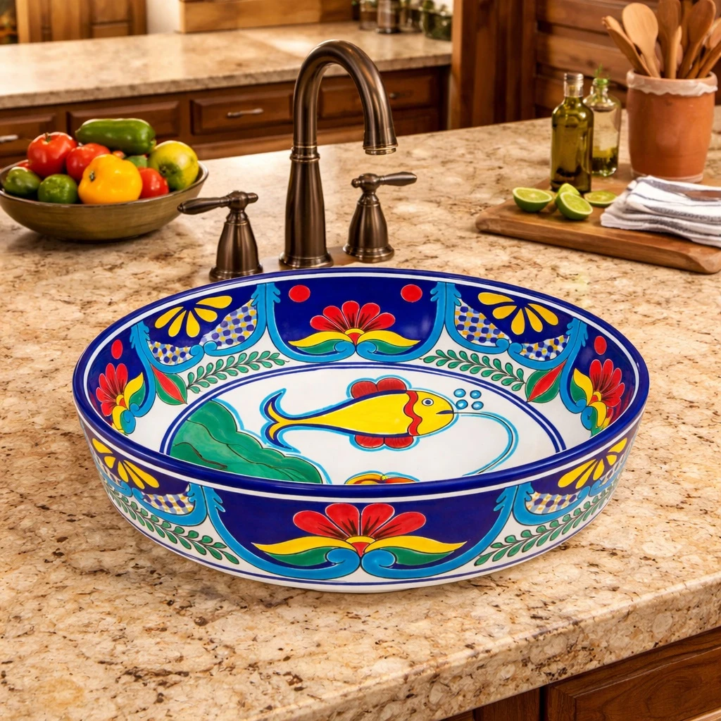 Talavera above counter fish design round vessel sink in kitchen island with stone surface