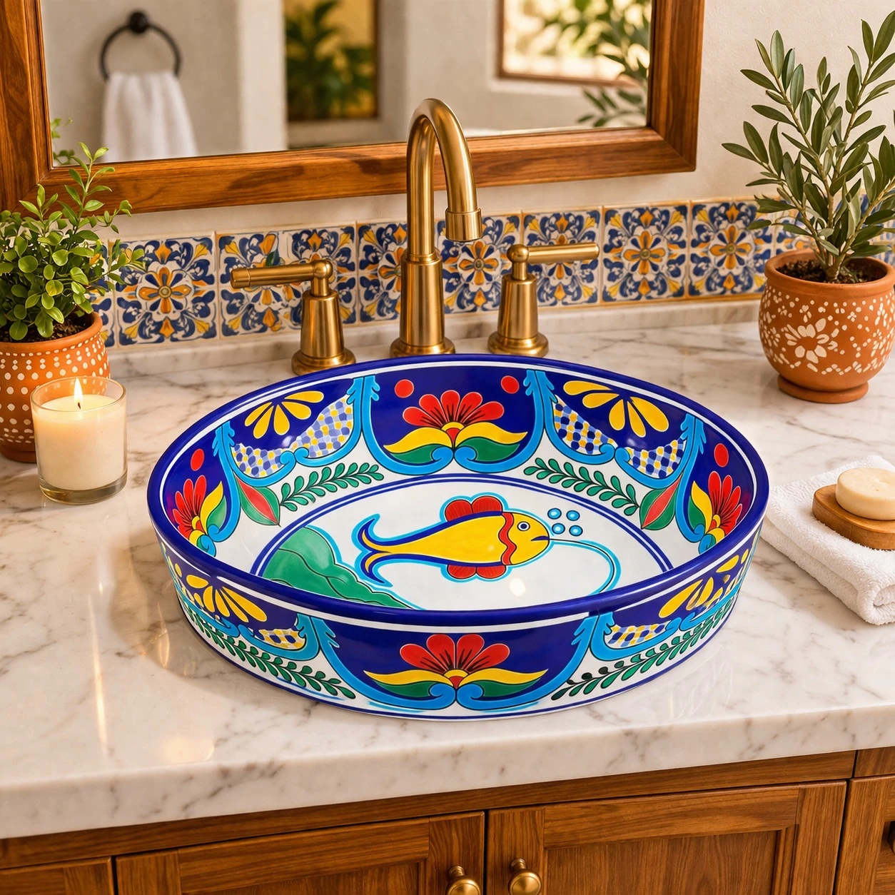 Talavera above counter fish design round vessel sink in bathroom vanity with warm tones