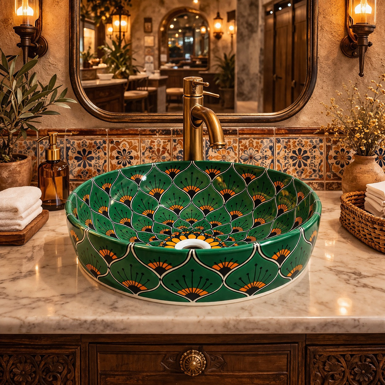 Talavera above counter round drop in vessel sink in restaurant restroom elegant setting