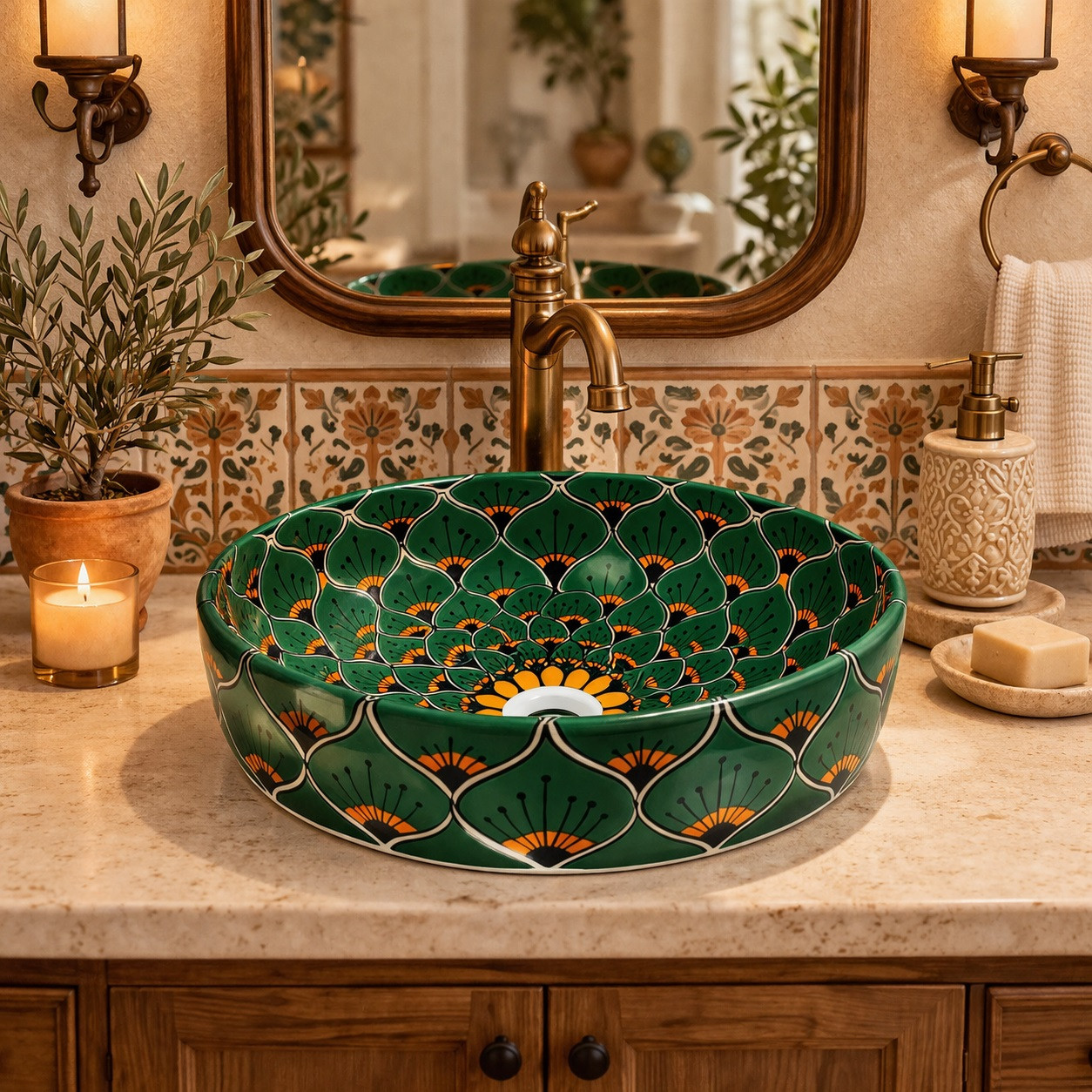 Talavera above counter round drop in vessel sink in bathroom vanity with warm tones