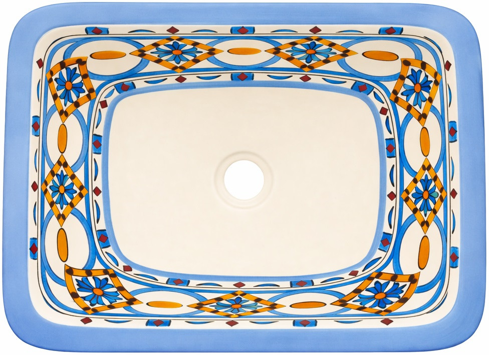 Rectangular talavera bathroom sink blue geometric pattern design