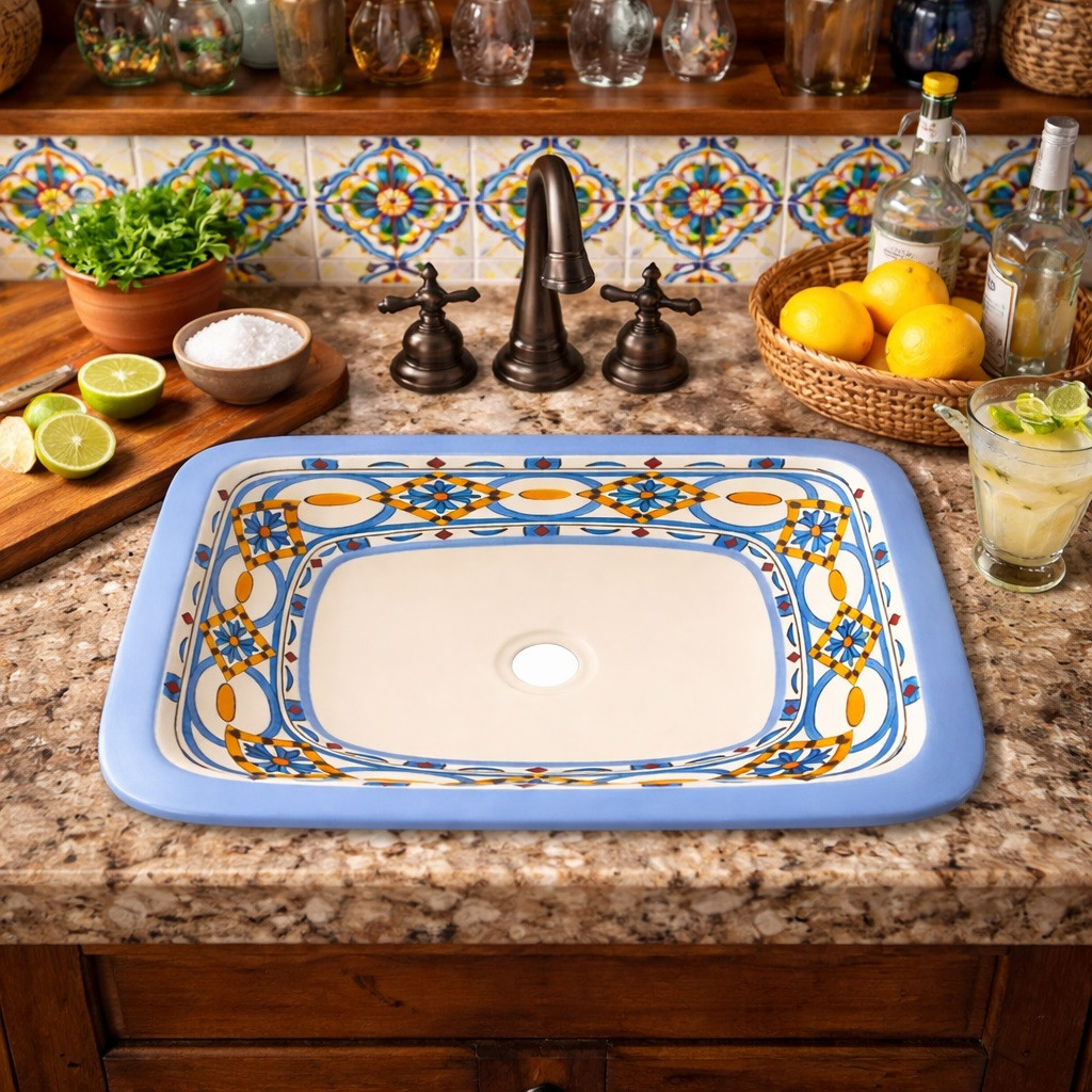 Rectangular talavera bathroom sink blue geometric pattern design styled in kitchen bar with rustic finishes