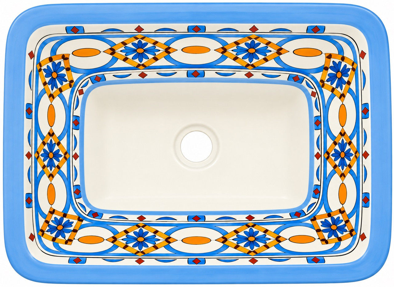 Rectangular talavera bathroom sink blue geometric pattern design