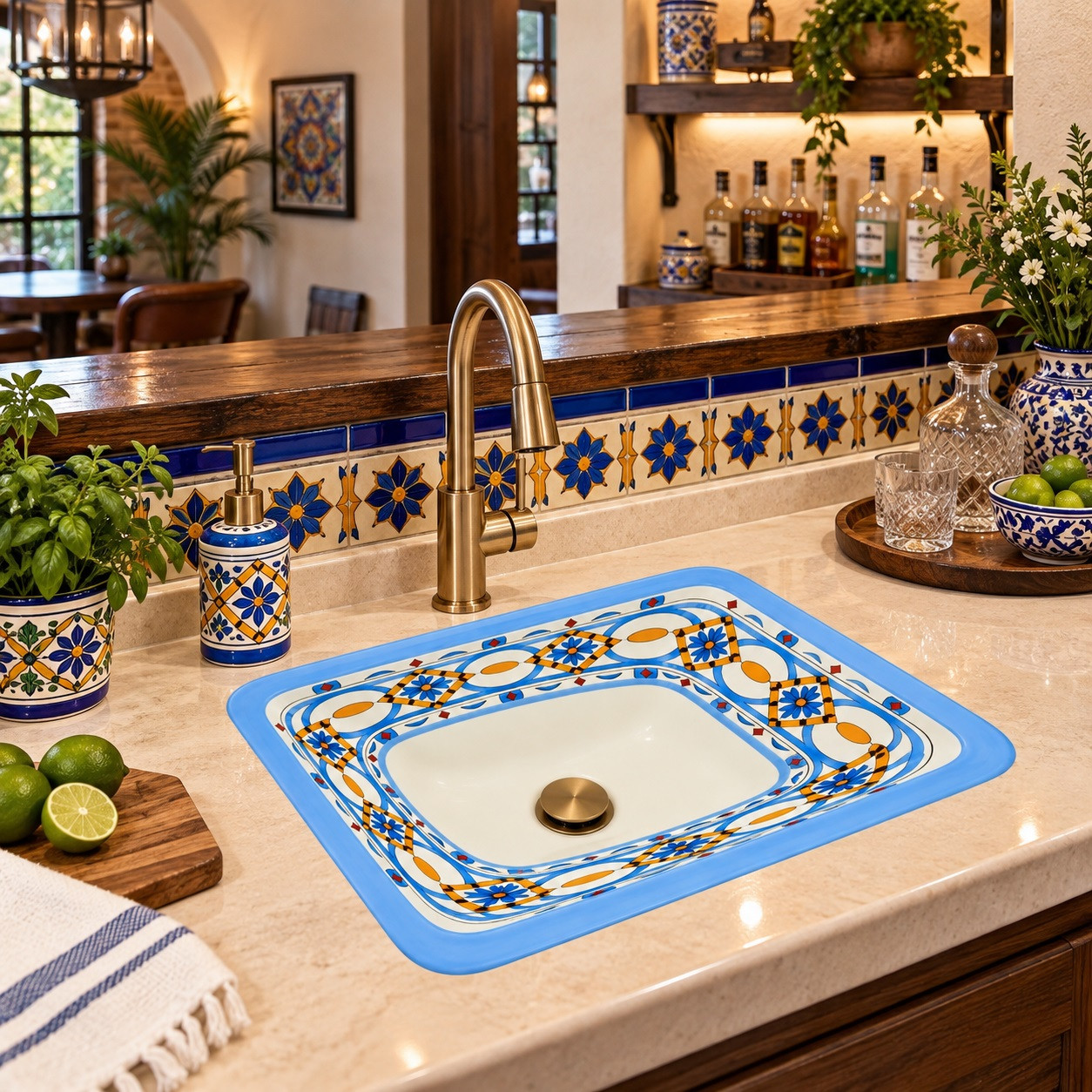 Rectangular talavera bathroom sink blue geometric pattern design styled in kitchen bar with rustic finishes