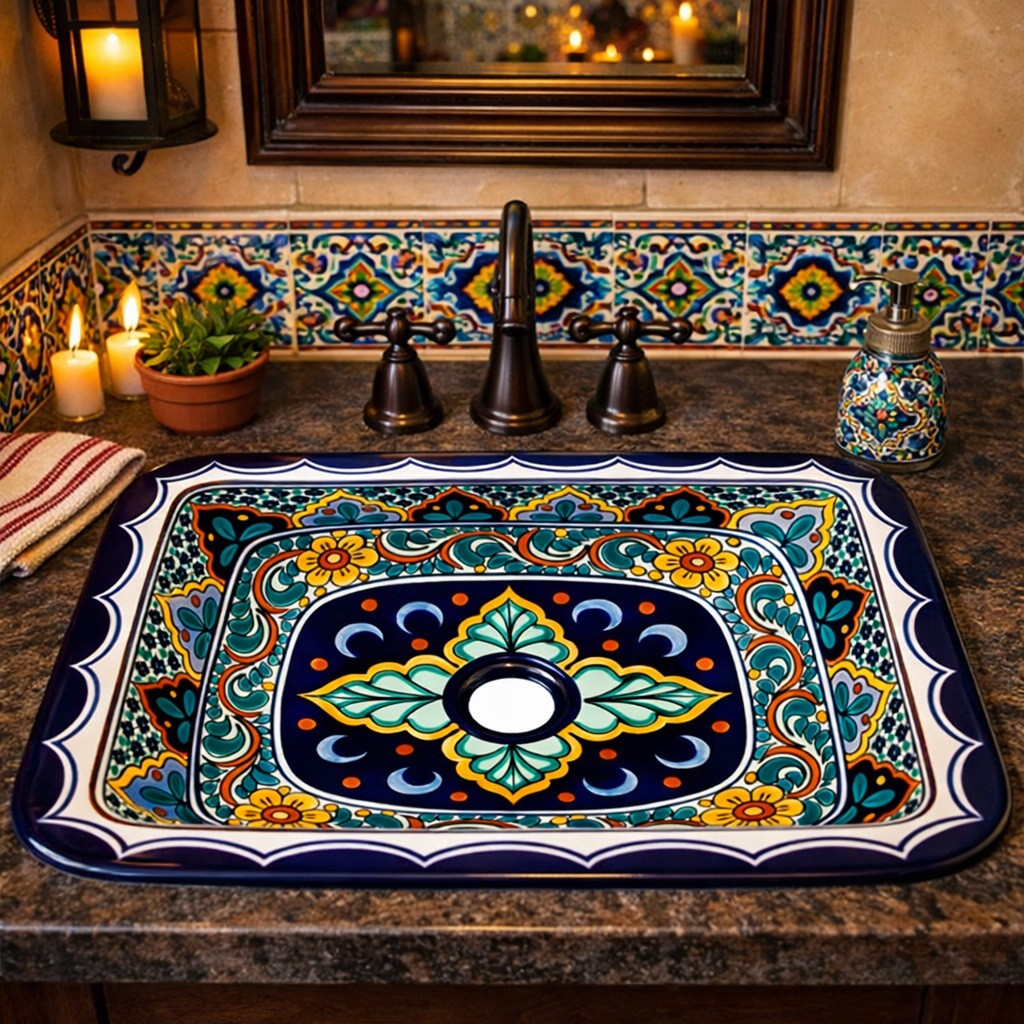 Rectangular talavera bathroom sink intricate floral geometric design featured in restaurant bathroom with artisan decor