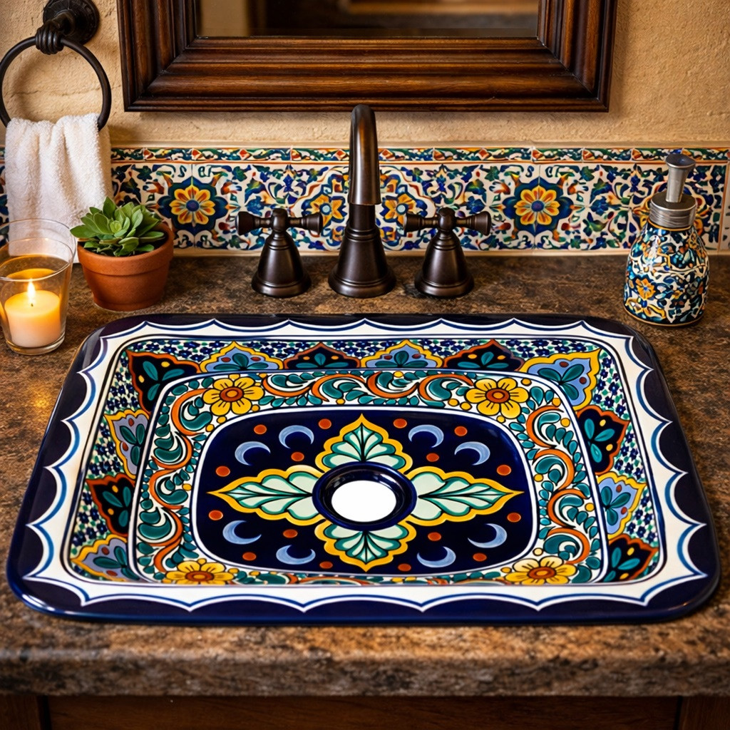Rectangular talavera bathroom sink intricate floral geometric design in Spanish Revival bathroom with tile accents