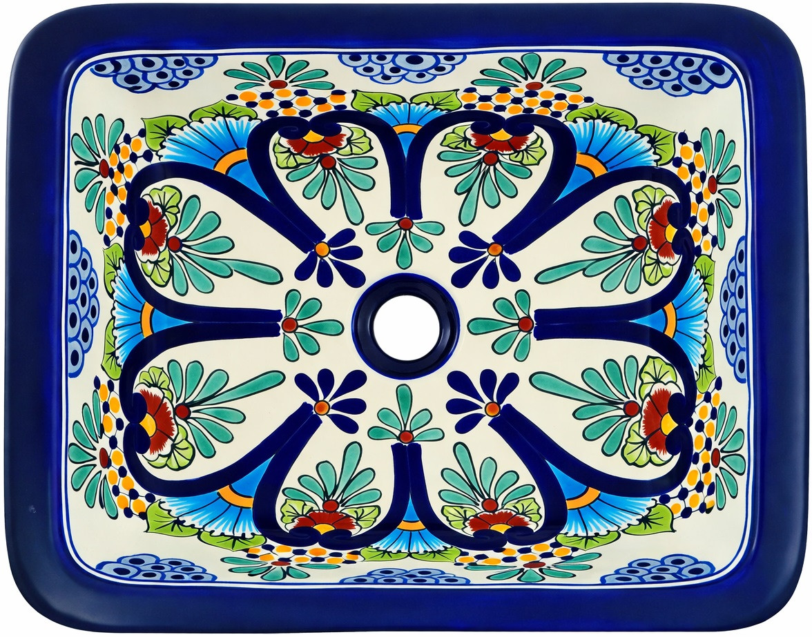 Rectangular talavera bathroom sink blue floral design