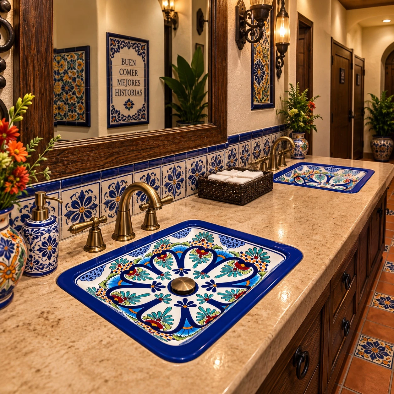 Rectangular talavera bathroom sink blue floral design featured in restaurant bathroom with artisan decor