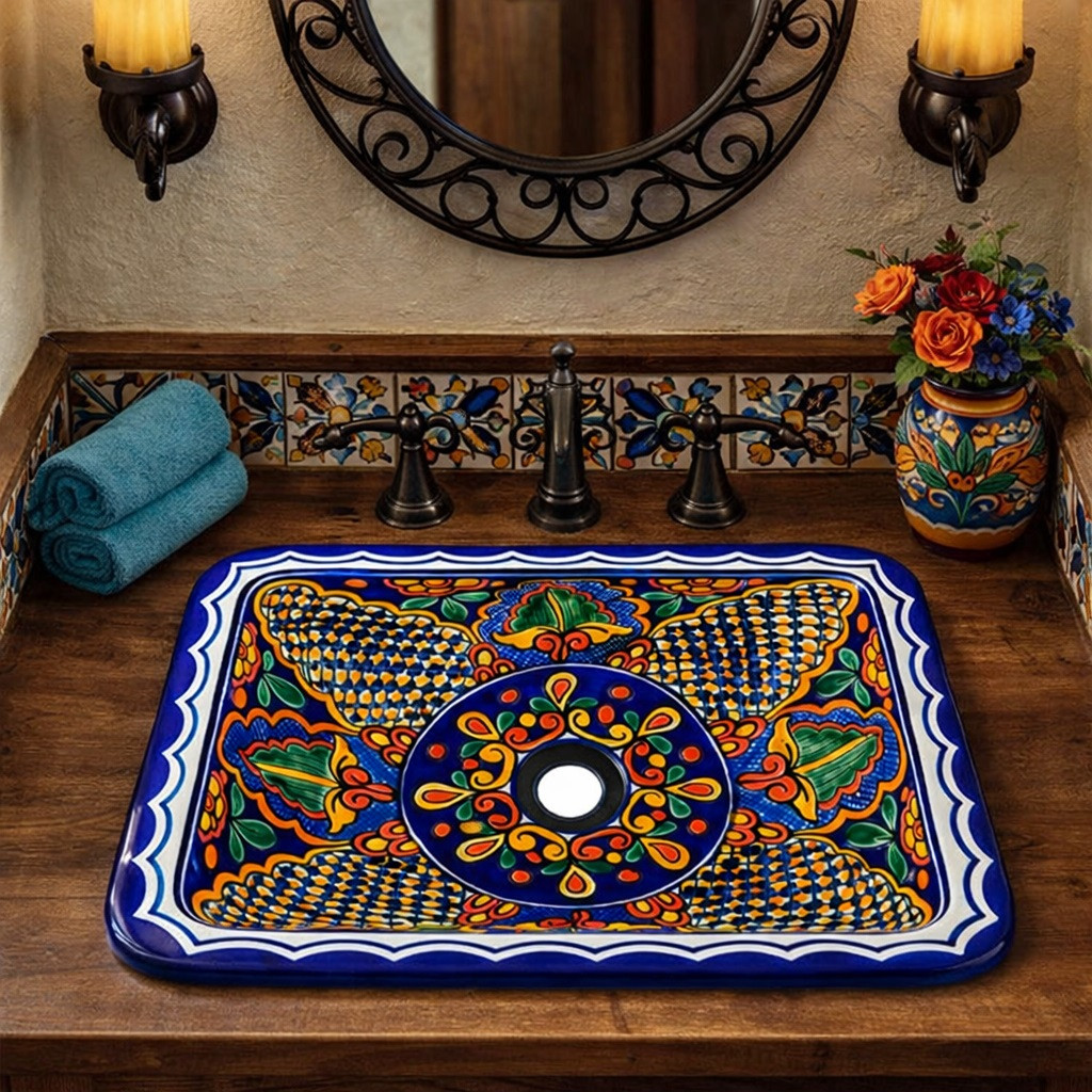 Hand painted rectangular talavera bathroom sink blue floral featured in rustic powder room with wood vanity and tile accents