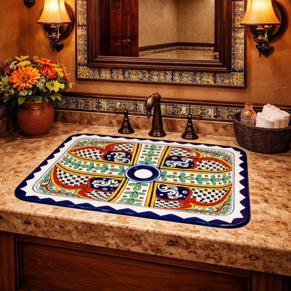 Rectangular talavera bathroom sink cross floral hand painted displayed in restaurant restroom interior