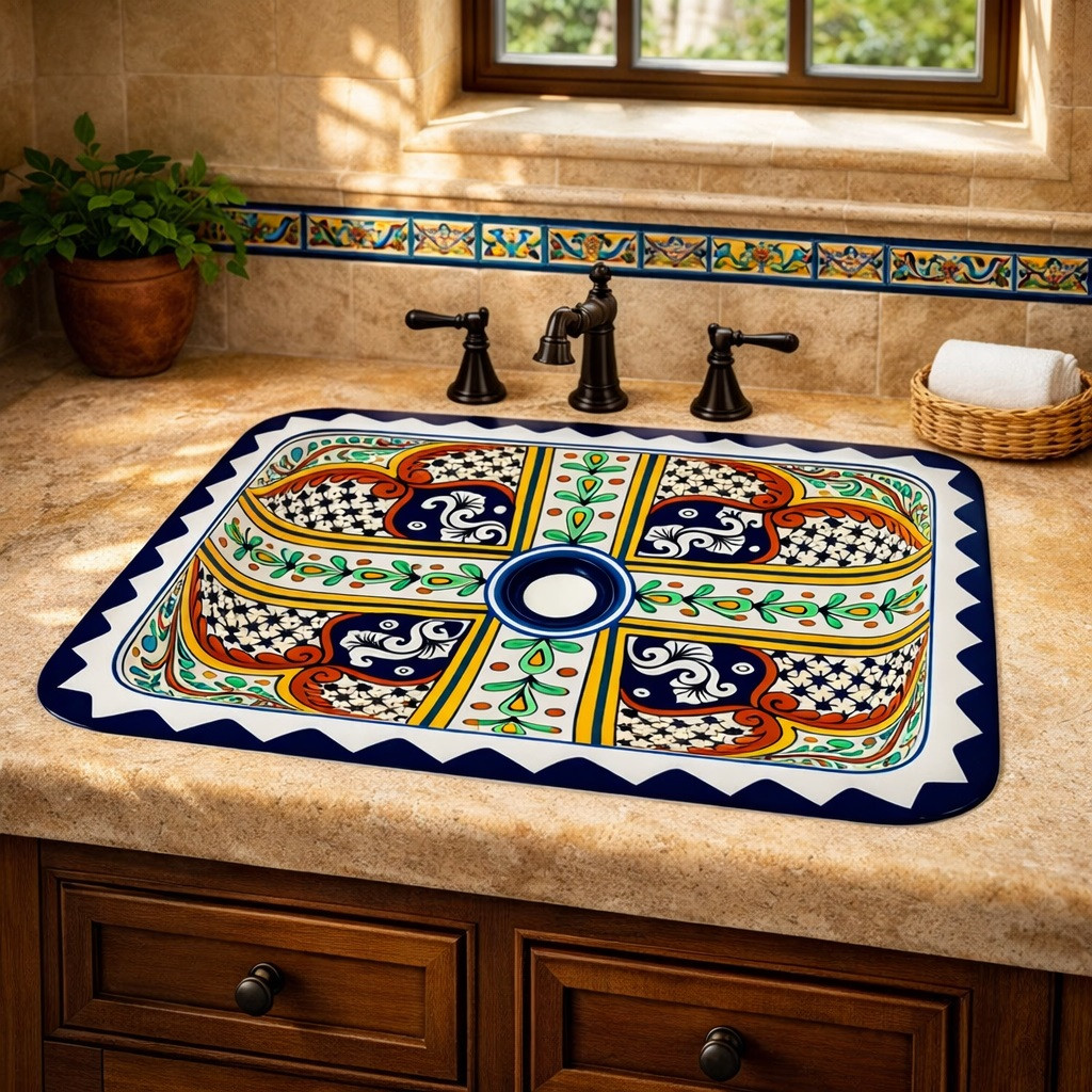 Rectangular talavera bathroom sink cross floral hand painted placed in Mediterranean vanity with natural light