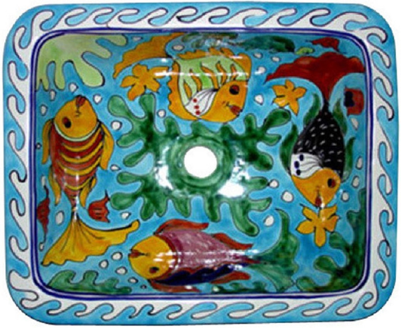 rectangular talavera bathroom sink with fish pattern