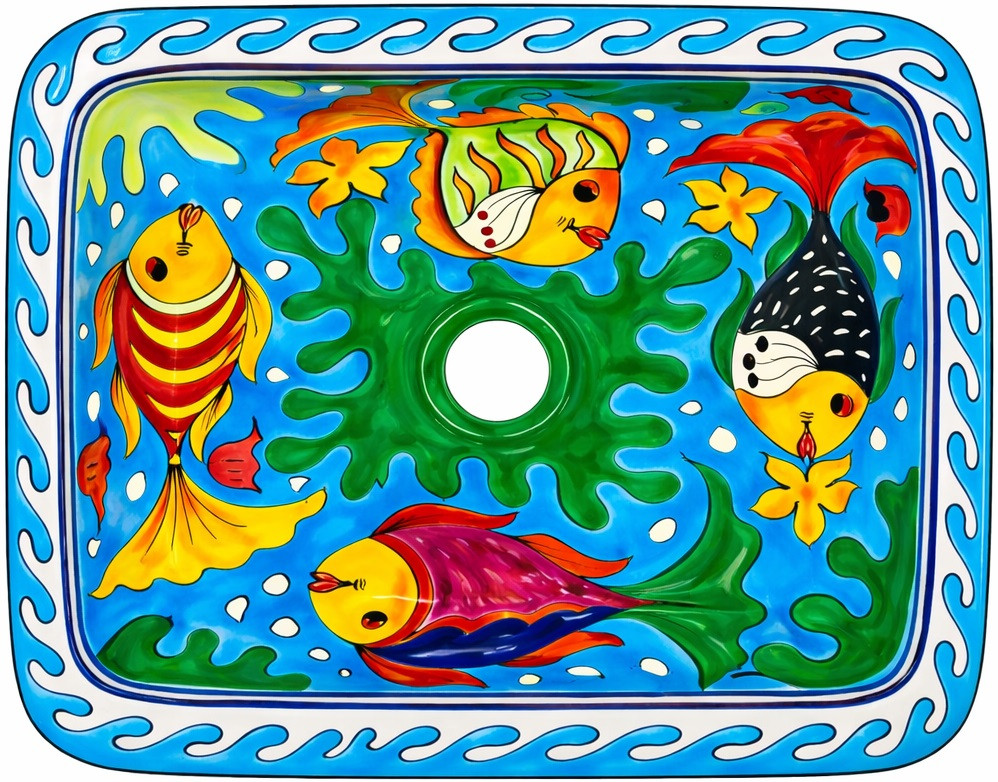 Rectangular talavera bathroom sink colorful fish design handmade