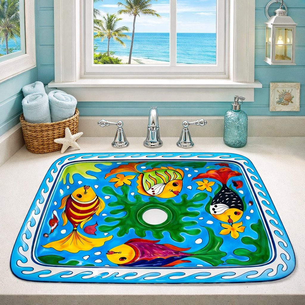 Rectangular talavera bathroom sink colorful fish design handmade in coastal bathroom with bright natural light