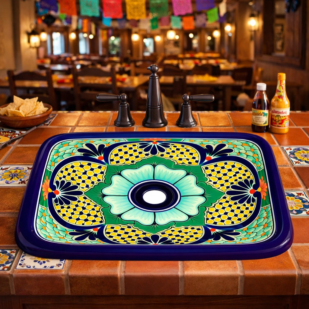 Rectangular talavera bathroom sink with blue yellow flor design in restaurant interior creating vibrant focal point with colorful Mexican decor