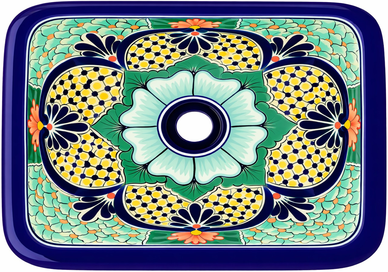 Rectangular talavera bathroom sink with blue yellow flor design
